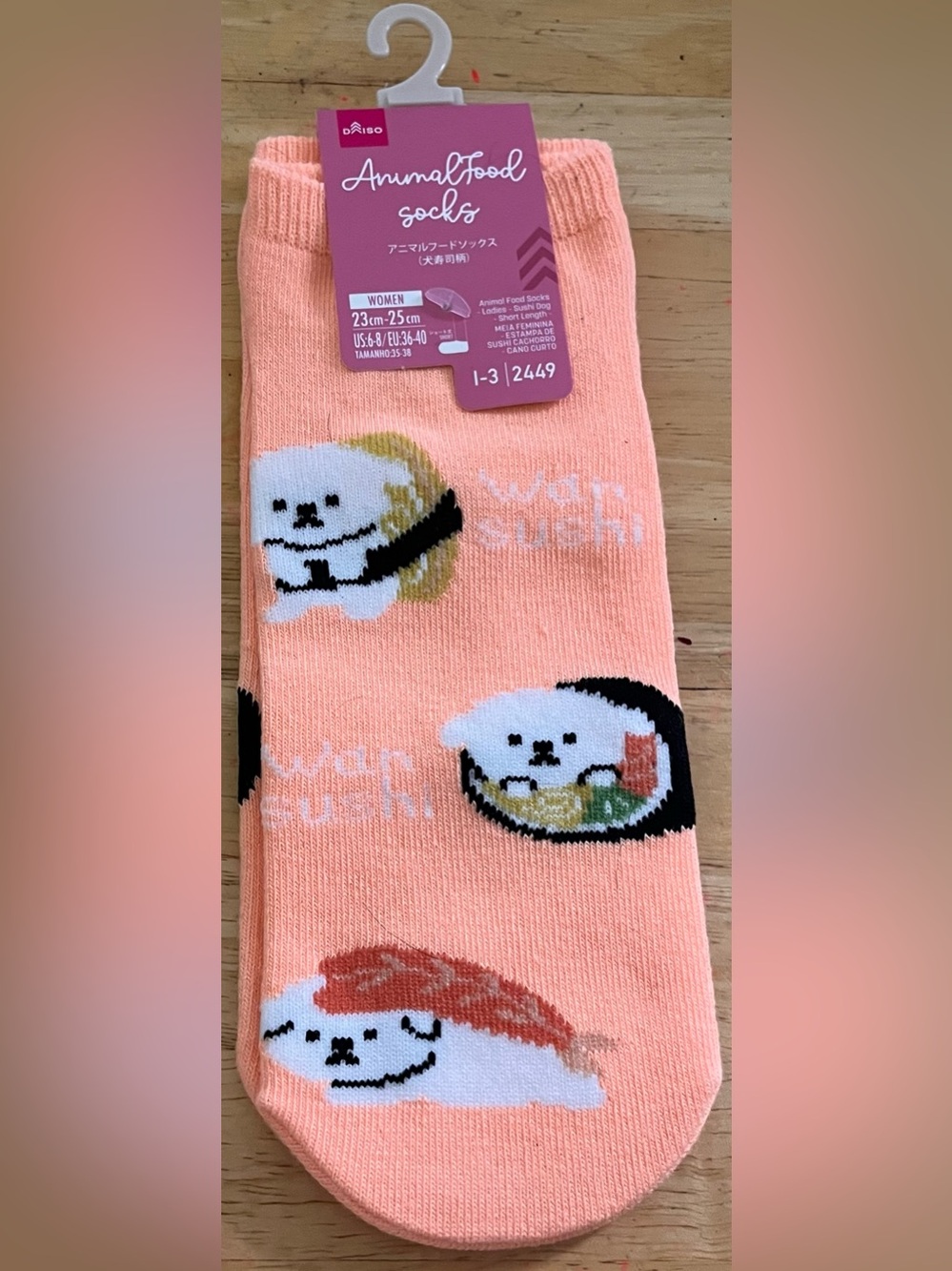 Daiso Peach Animal Food Sushi Dog Crew Socks
